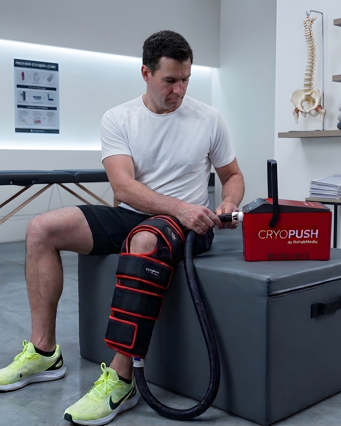 Patient applying cold compression therapy to the knee with the Cryopush machine