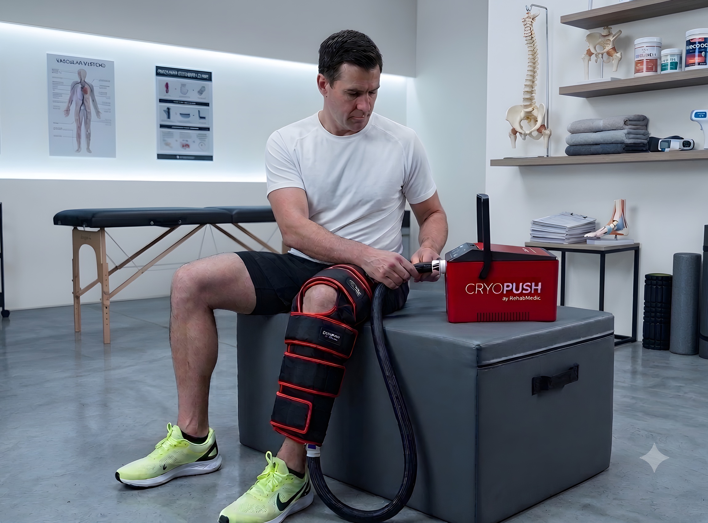 Patient applying cold compression therapy to the knee with the Cryopush machine
